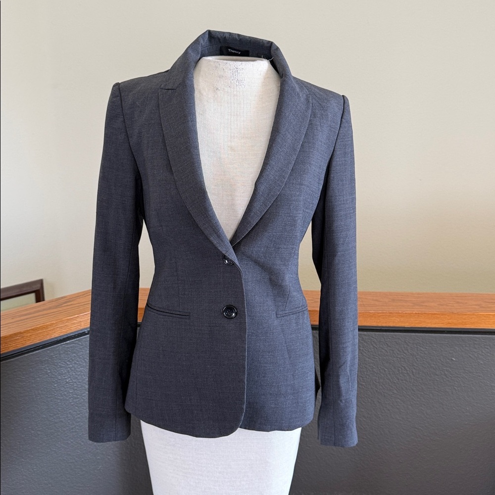 Theory Charcoal fitted virgin wool stretch blazer Jacket size 2